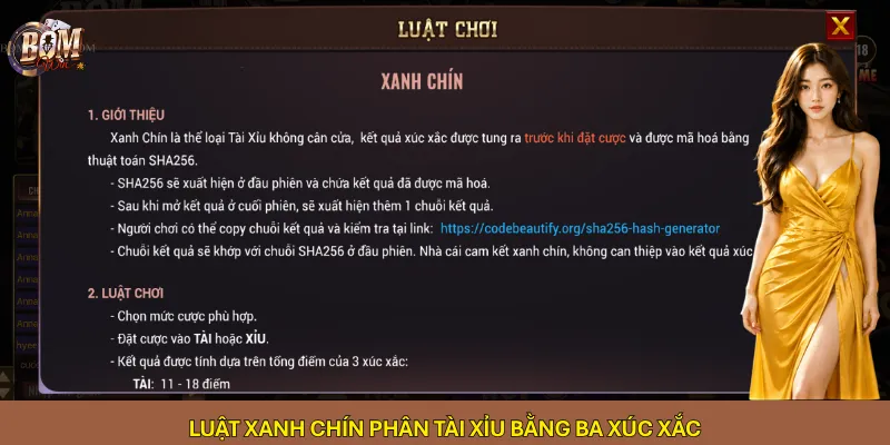 Luật Xanh chín phân Tài Xỉu bằng ba xúc xắc