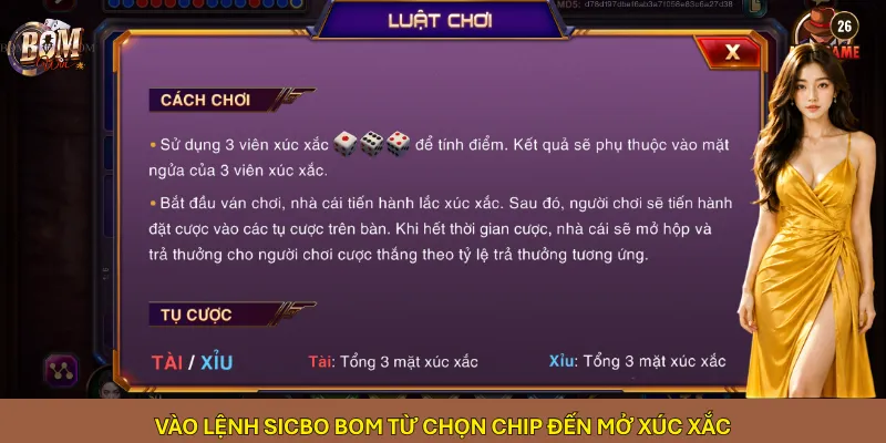 Vào lệnh Sicbo Bom từ chọn chip đến mở xúc xắc